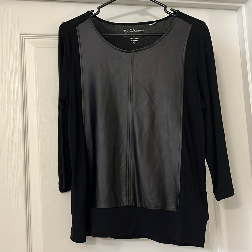 Chico’s Leather Front 3/4-length Sleeve Blouse, Chico’s Size 1, Black